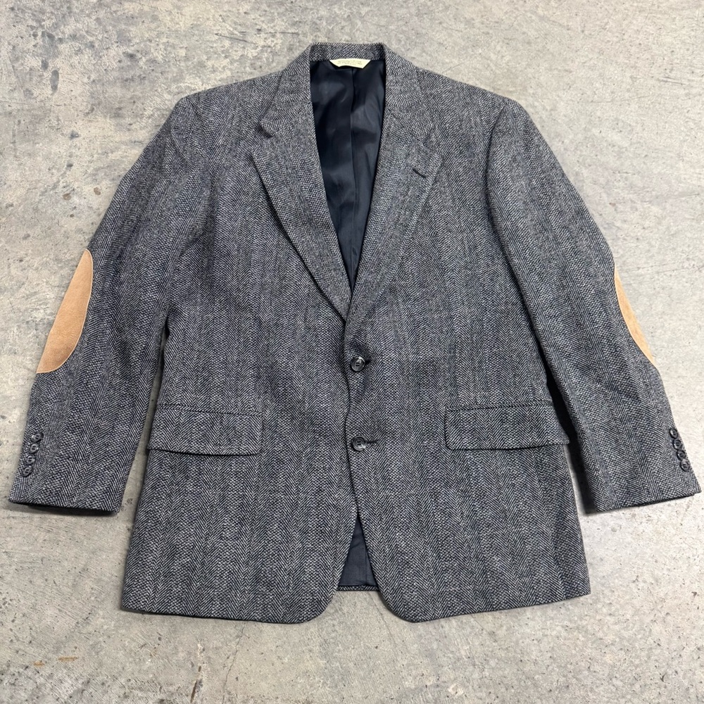 VTG Evan Picone Men’s Gray Blazer Tan Elbow Patches Size 40 Classic Business Y2k